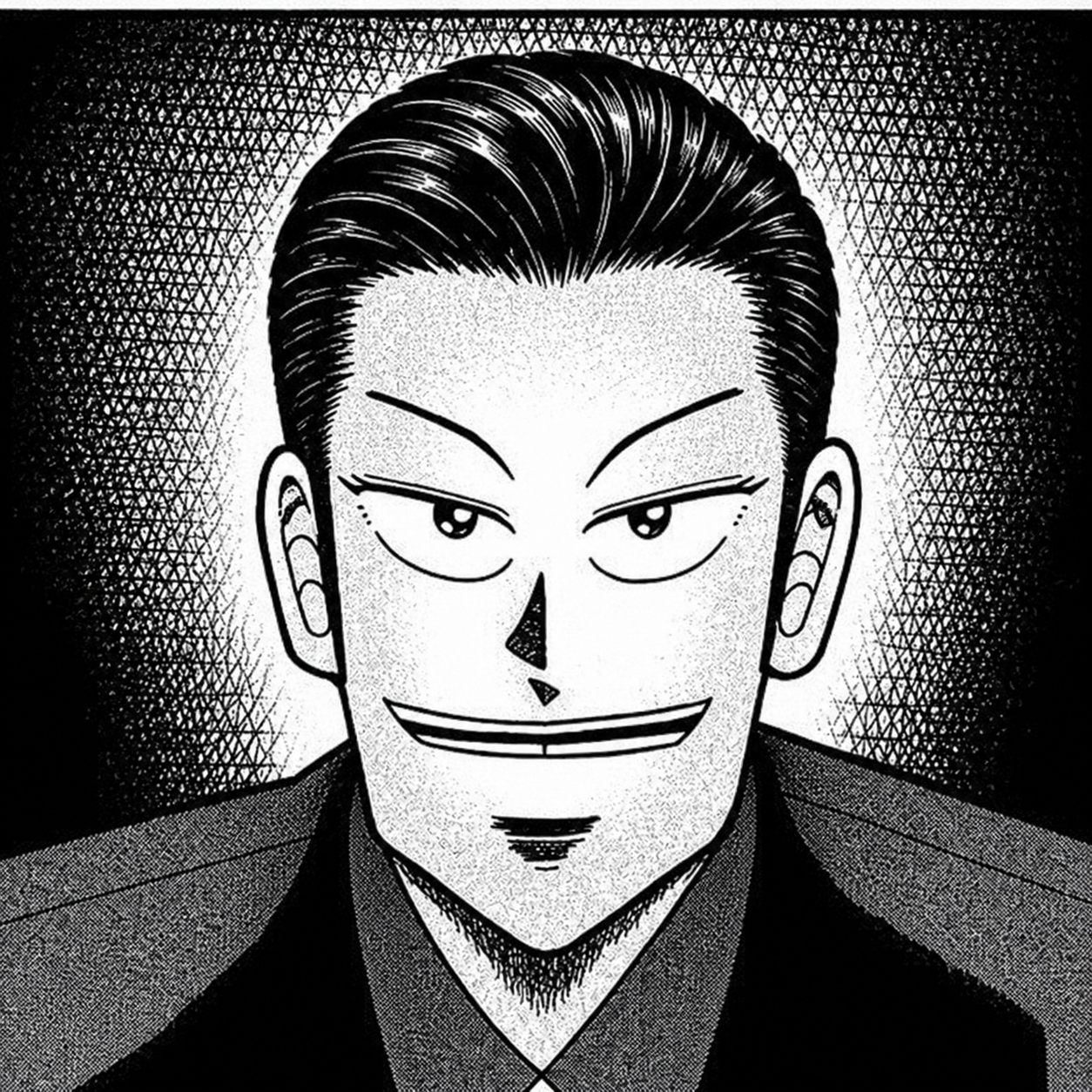 後光を背に微笑むスーツの男の劇画