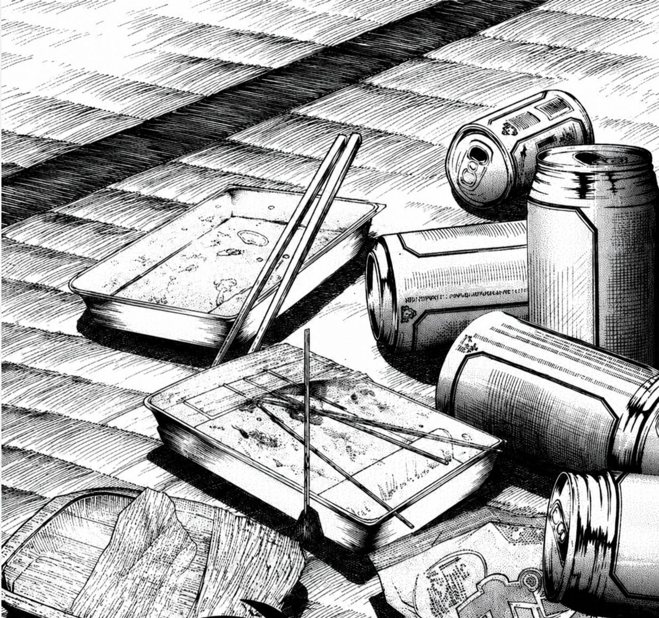 漫画のコマ: 食い散らかした弁当と空き缶