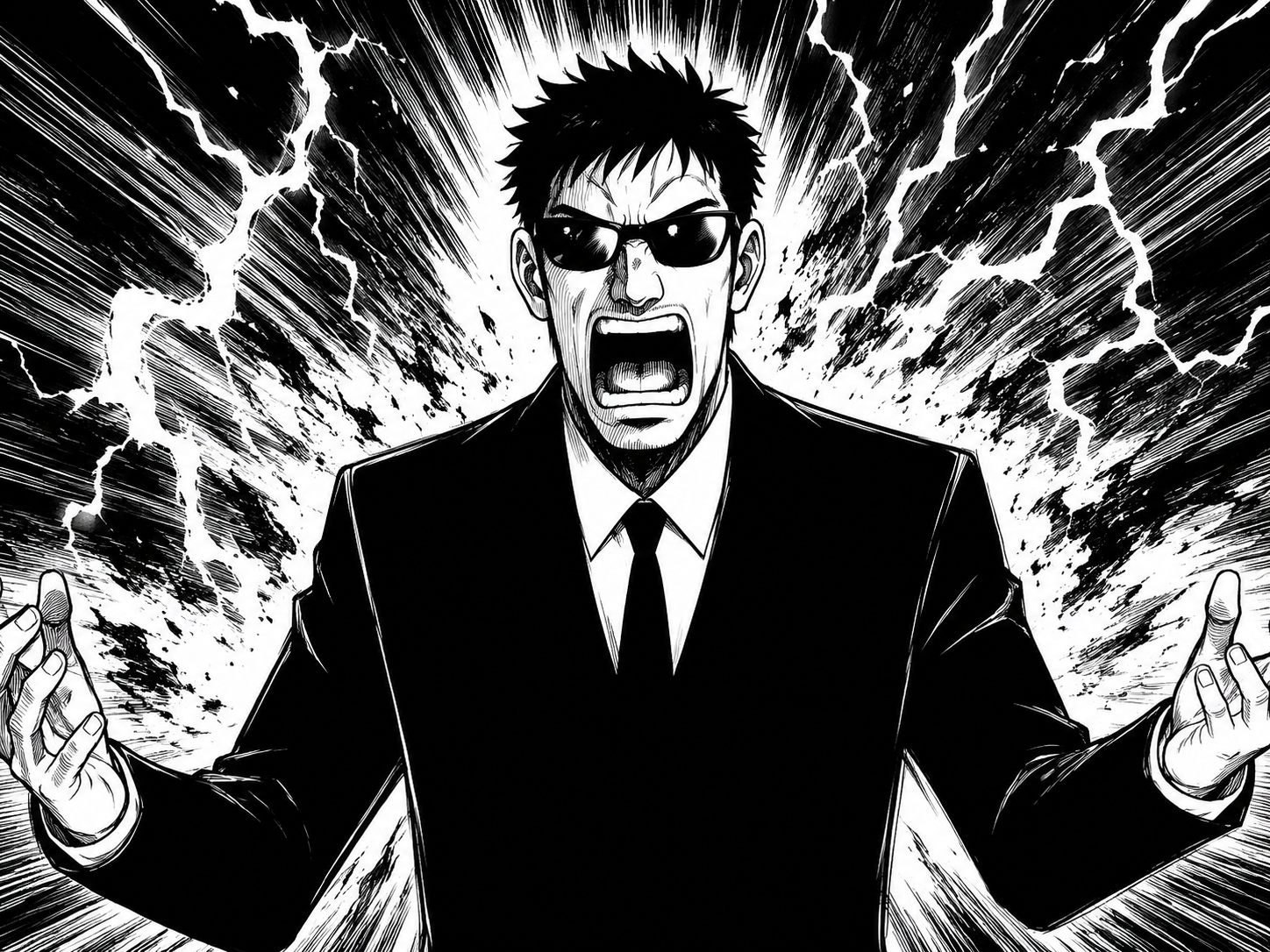 漫画のコマ: 雷に打たれて叫ぶ黒服