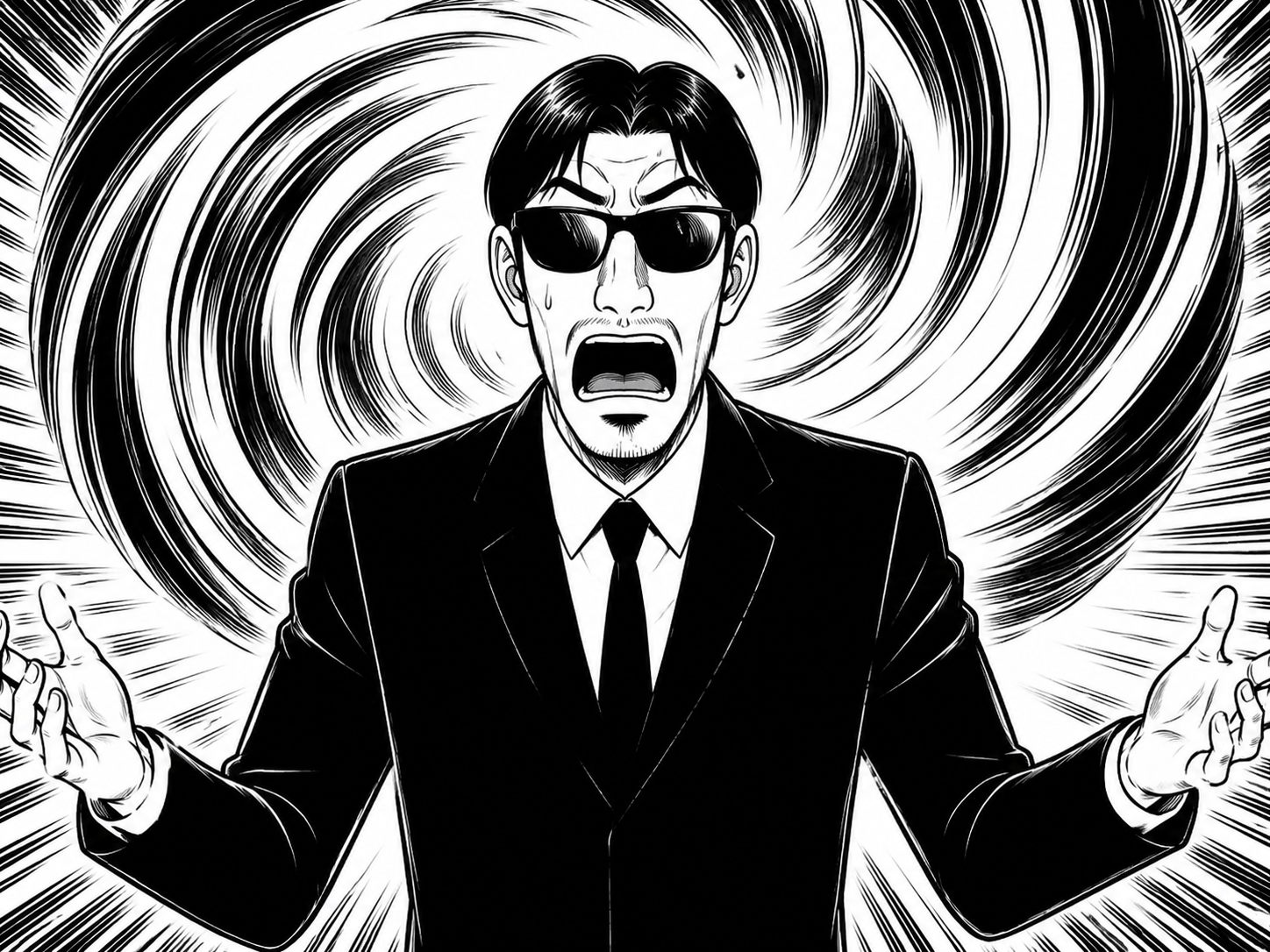漫画のコマ: 渦の中心で吠える黒服