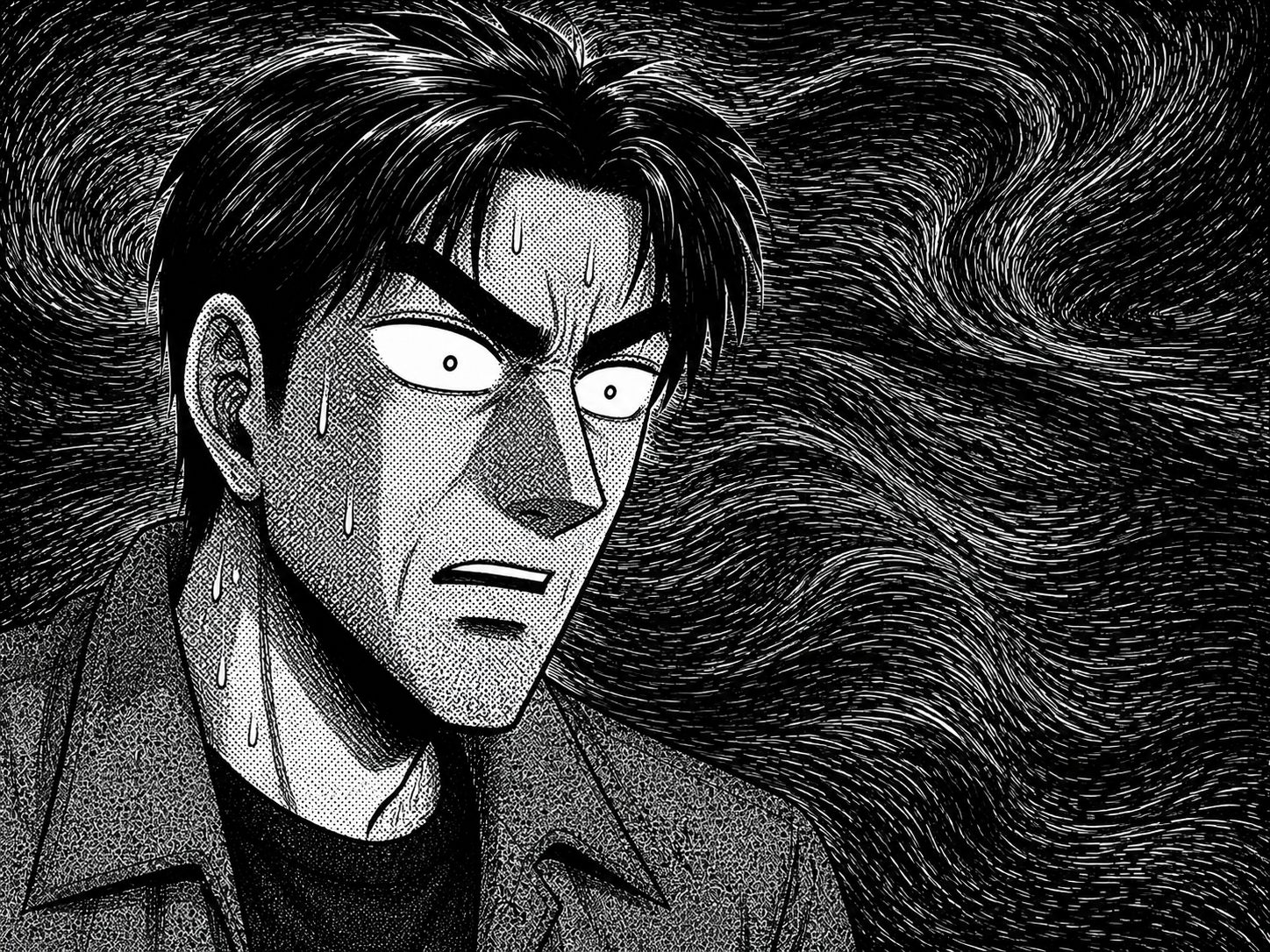 漫画のコマ: 目を見開き汗を浮かべる男