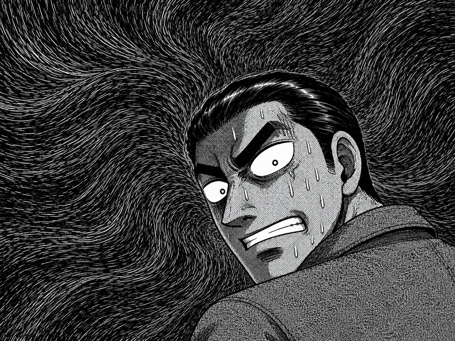 漫画のコマ: 振り返って歯を食いしばる男