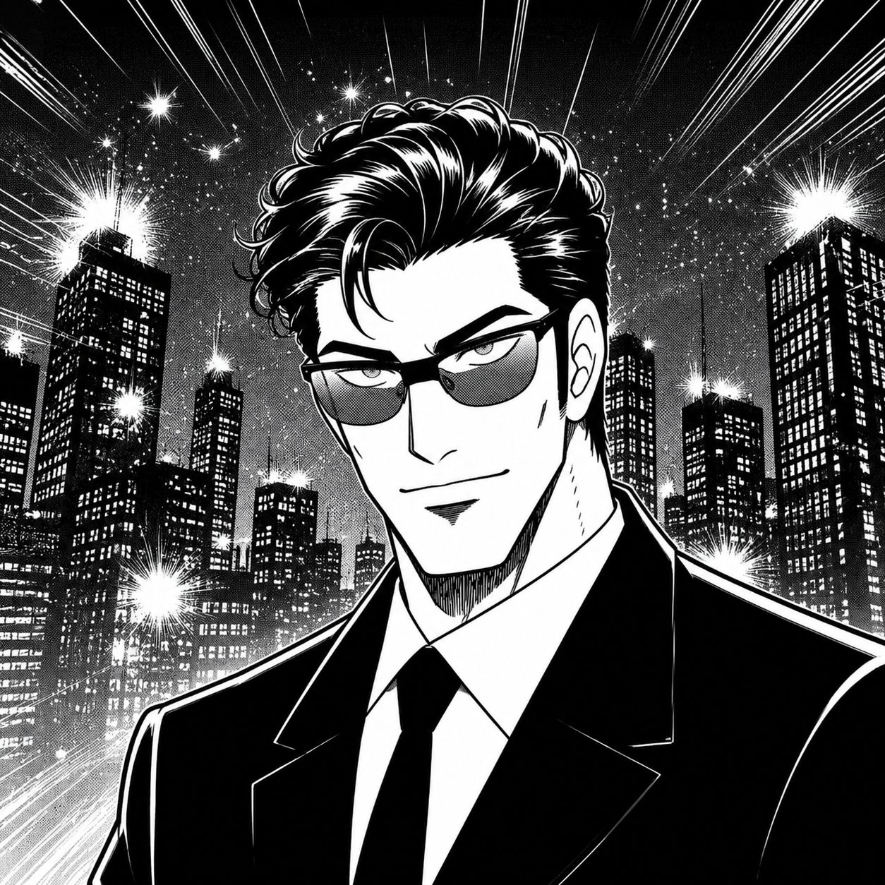 夜の街を背に立つスーツの男の劇画