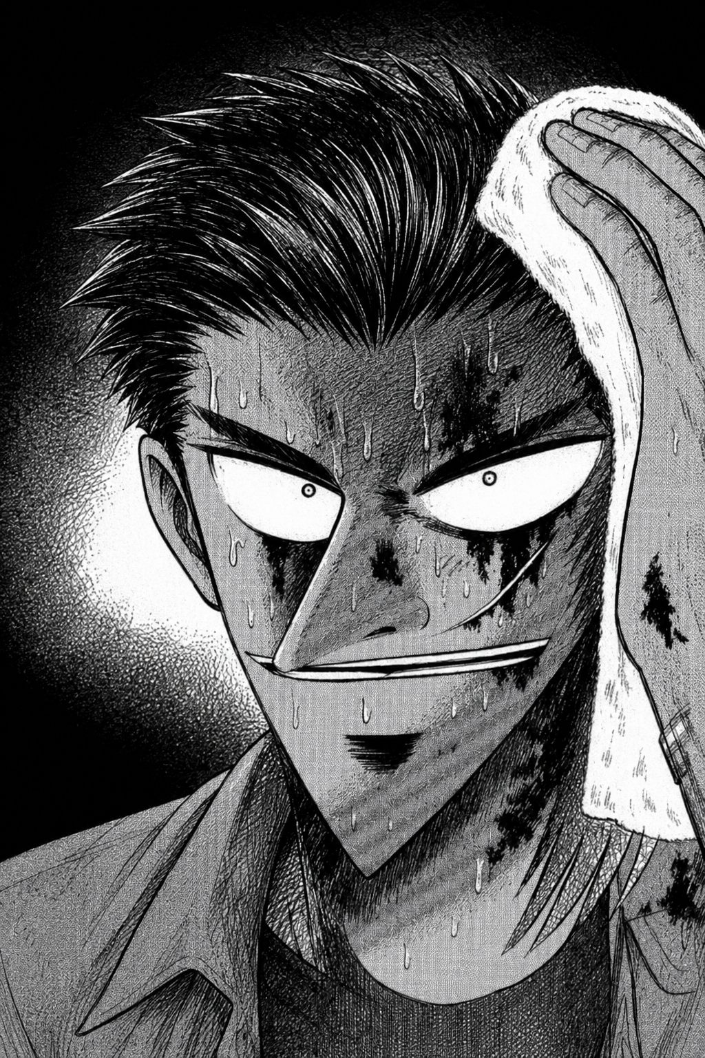 漫画のコマ: 頭をタオルで拭う満身創痍の男